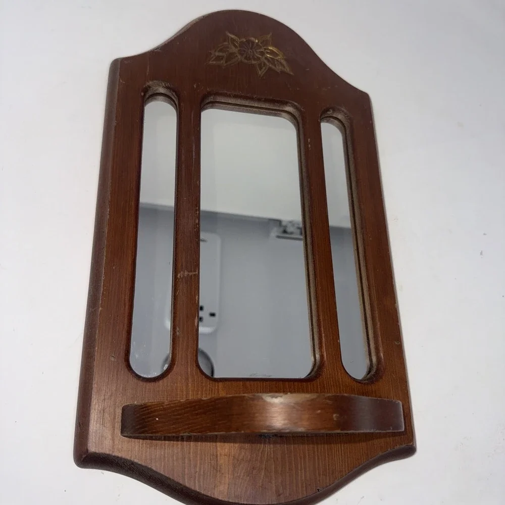 VTG Wooden Wall Mirror Hanging Shelf Floral Etched Cottage Farmhouse 15X8.5 In